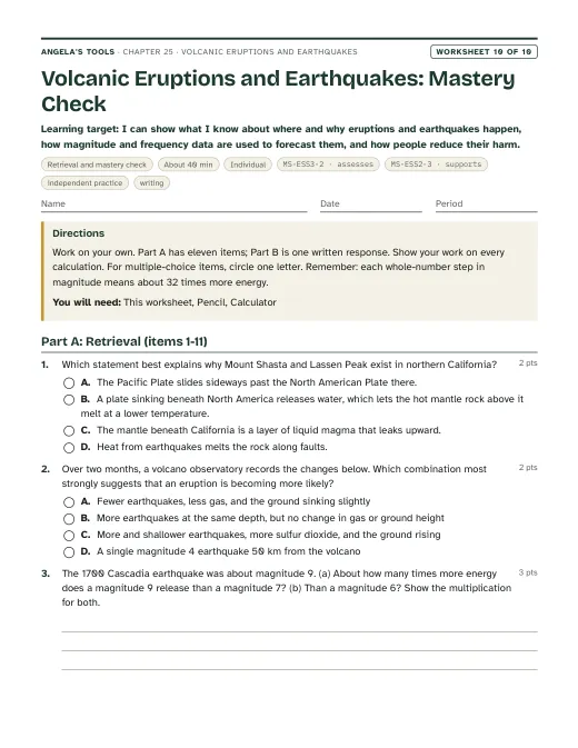First page of Volcanic Eruptions and Earthquakes: Mastery Check