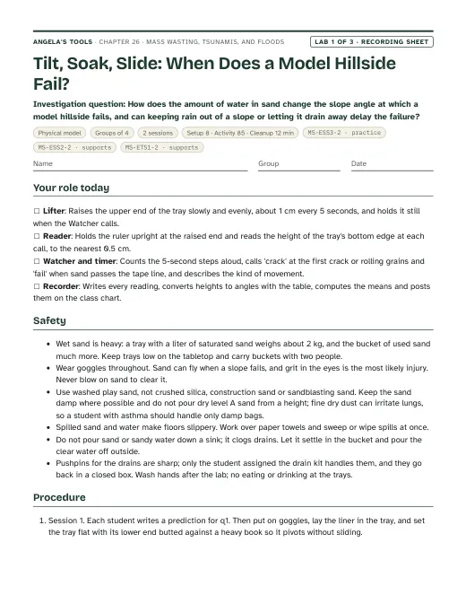 First page of the Tilt, Soak, Slide: When Does a Model Hillside Fail? recording sheet