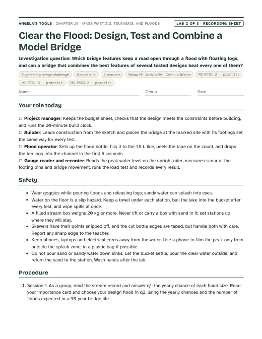 First page of the Clear the Flood: Design, Test and Combine a Model Bridge recording sheet