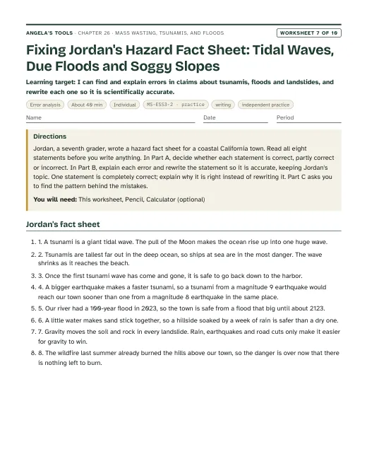 First page of Fixing Jordan's Hazard Fact Sheet: Tidal Waves, Due Floods and Soggy Slopes