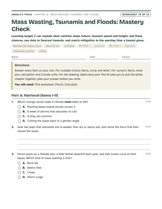 First page of Mass Wasting, Tsunamis and Floods: Mastery Check
