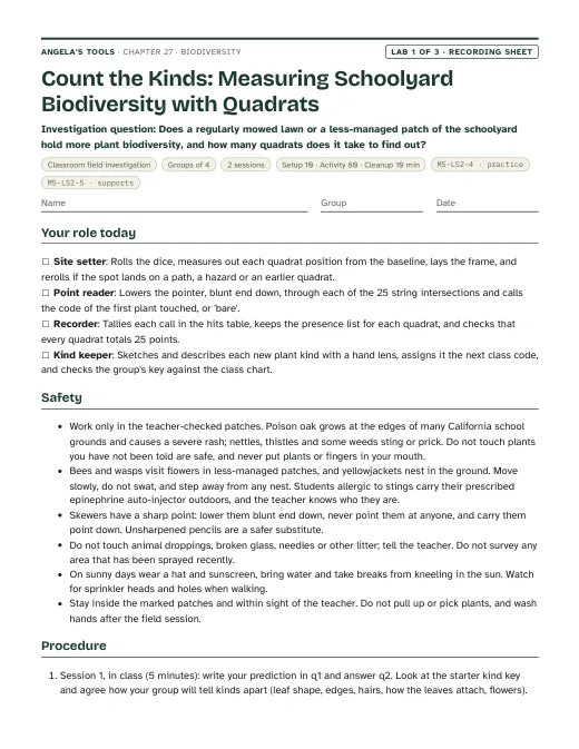 First page of the Count the Kinds: Measuring Schoolyard Biodiversity with Quadrats recording sheet