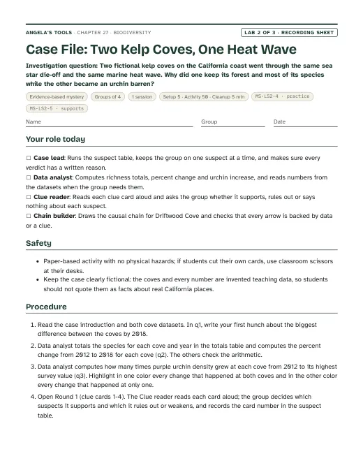 First page of the Case File: Two Kelp Coves, One Heat Wave recording sheet