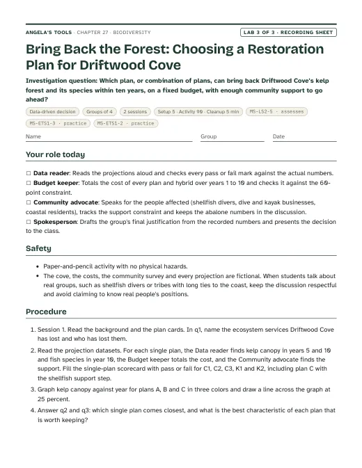 First page of the Bring Back the Forest: Choosing a Restoration Plan for Driftwood Cove recording sheet