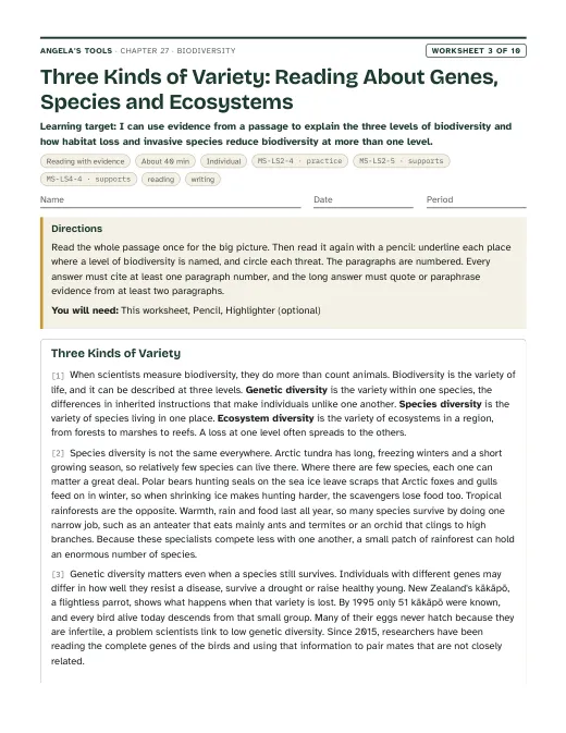 First page of Three Kinds of Variety: Reading About Genes, Species and Ecosystems