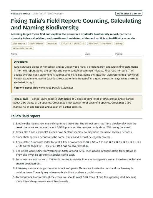 First page of Fixing Talia's Field Report: Counting, Calculating and Naming Biodiversity