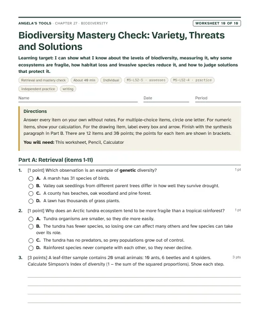 First page of Biodiversity Mastery Check: Variety, Threats and Solutions