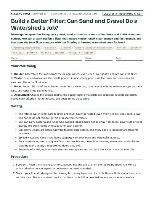First page of the Build a Better Filter: Can Sand and Gravel Do a Watershed's Job? recording sheet