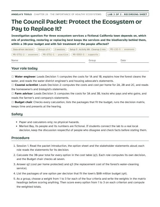 First page of the The Council Packet: Protect the Ecosystem or Pay to Replace It? recording sheet