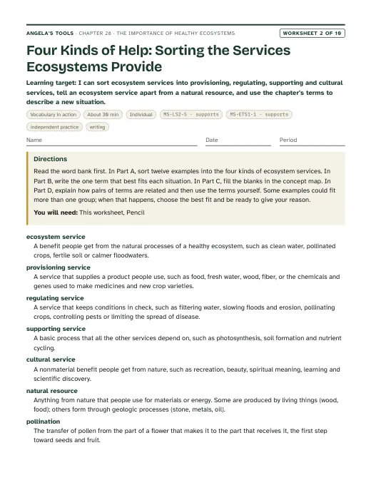 First page of Four Kinds of Help: Sorting the Services Ecosystems Provide