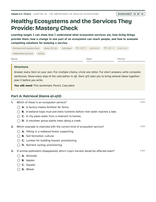 First page of Healthy Ecosystems and the Services They Provide: Mastery Check