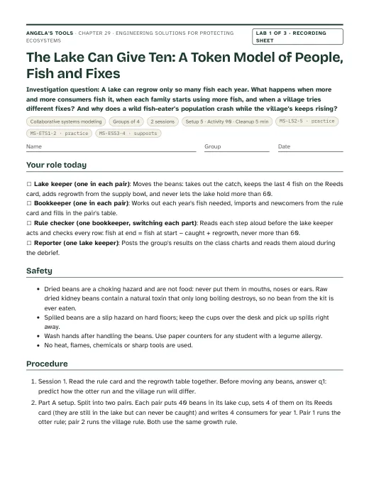 First page of the The Lake Can Give Ten: A Token Model of People, Fish and Fixes recording sheet