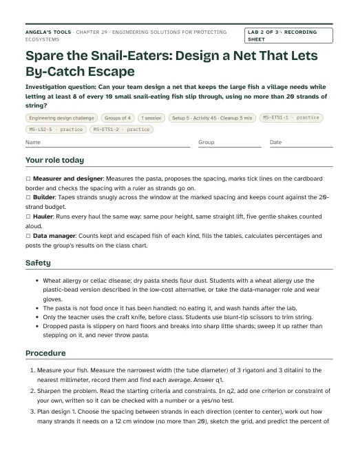First page of the Spare the Snail-Eaters: Design a Net That Lets By-Catch Escape recording sheet