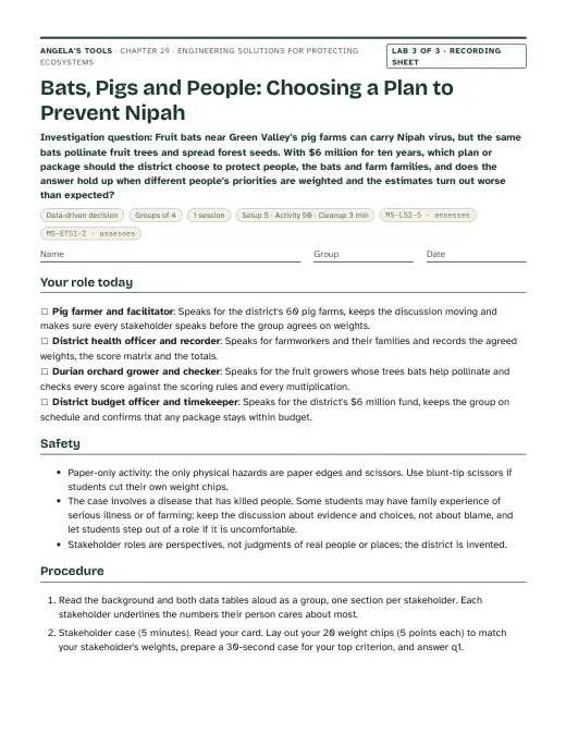 First page of the Bats, Pigs and People: Choosing a Plan to Prevent Nipah recording sheet
